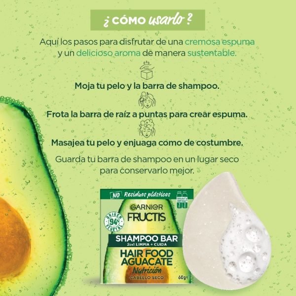 Shampoo En Barra Garnier Fructis Hair Food Aguacate - 60gr - Imagen 3